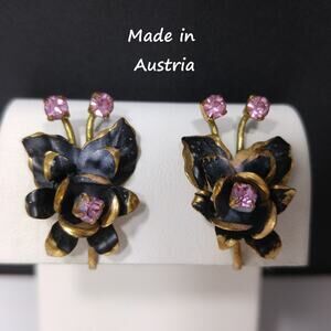 Vintage Floral Pink Rhinestone Earrings, Screw Back, Made Austria, 1940s Jewelry